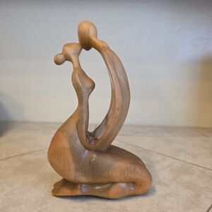 Hand Carved Hibiscus Wood Couple Sculpture - 8.5" Boho Art